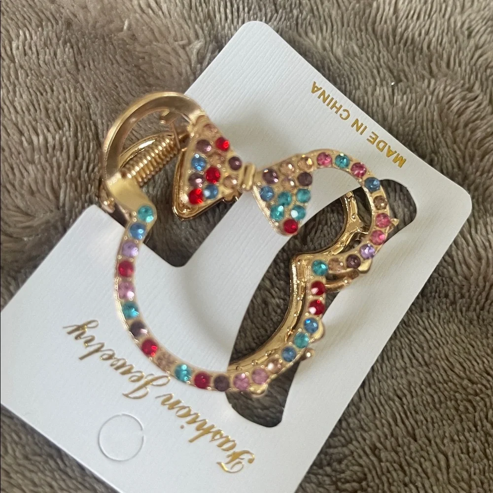 Gold Multicolor Rhinestone Minnie mouse Hair Clip nwt